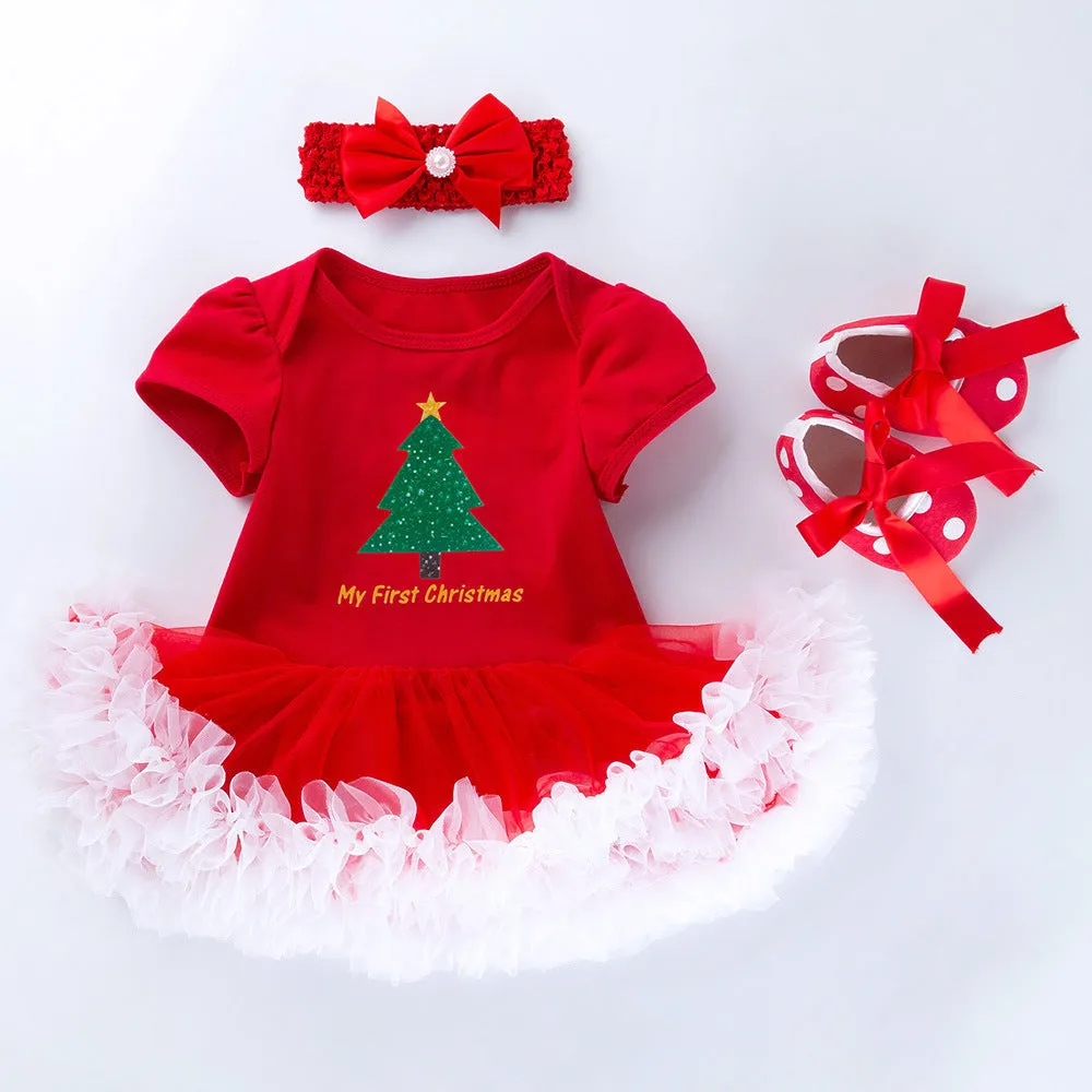 Baby girl short sleeve cartoon romper mesh dress in cotton princess style with bow