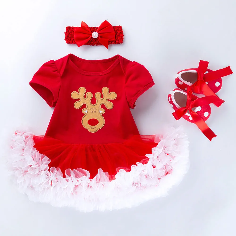 Baby girl short sleeve cartoon romper mesh dress in cotton princess style with bow