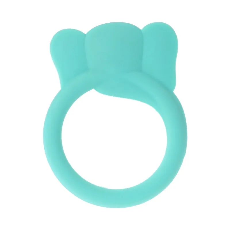 Three baby molar silicone teethers in brown, blue, and yellow on a white background
