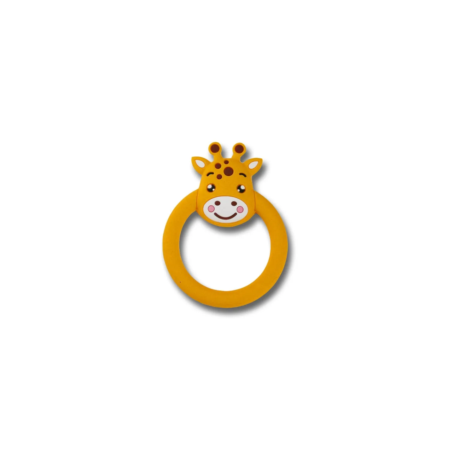 Three baby molar silicone teethers in brown, blue, and yellow on a white background
