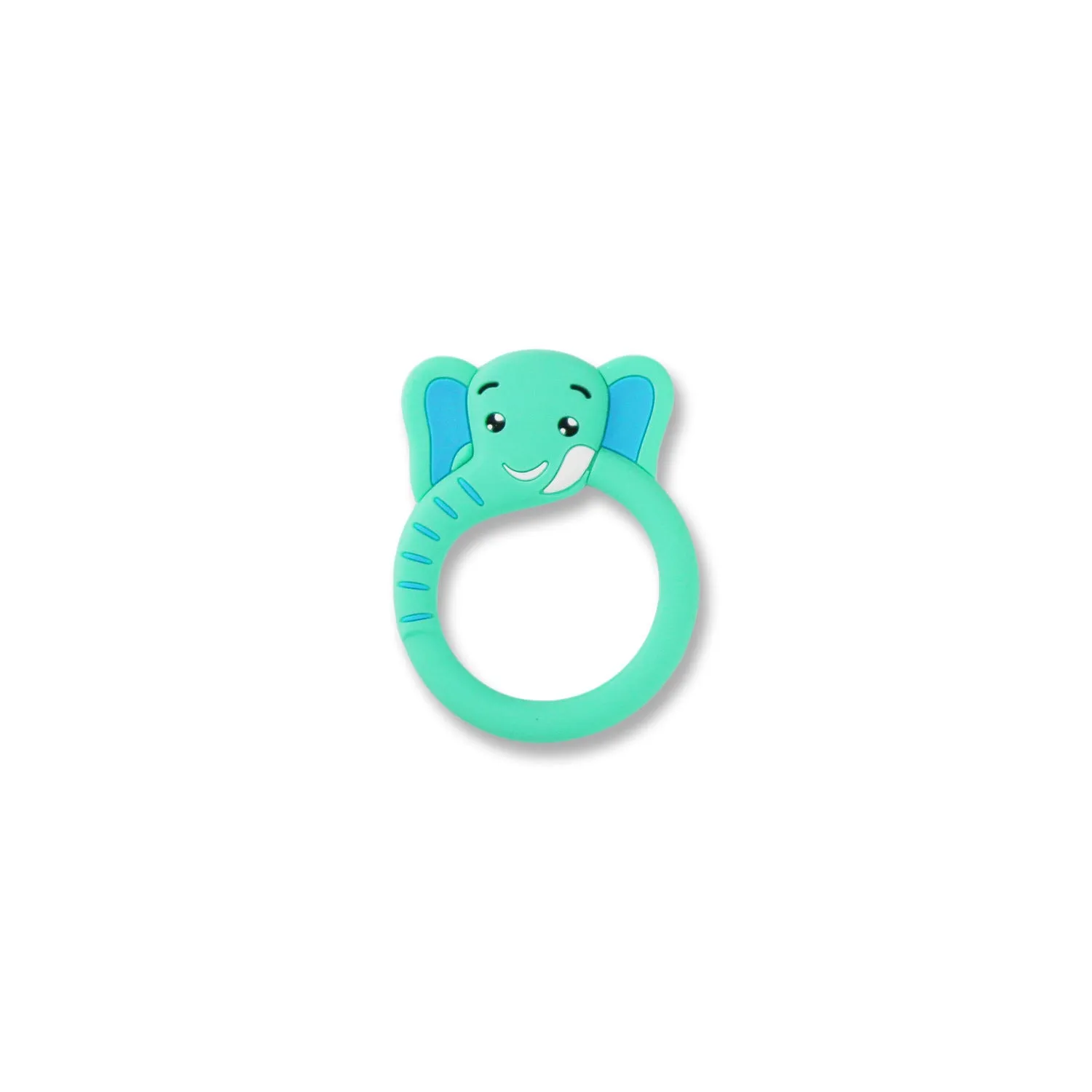 Three baby molar silicone teethers in brown, blue, and yellow on a white background