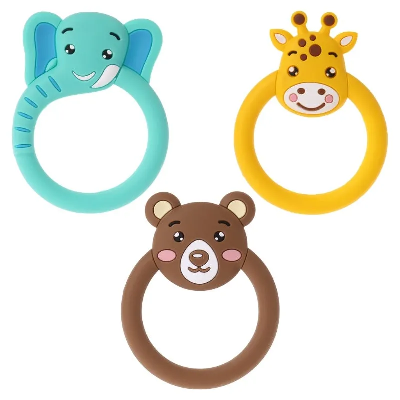Three baby molar silicone teethers in brown, blue, and yellow on a white background