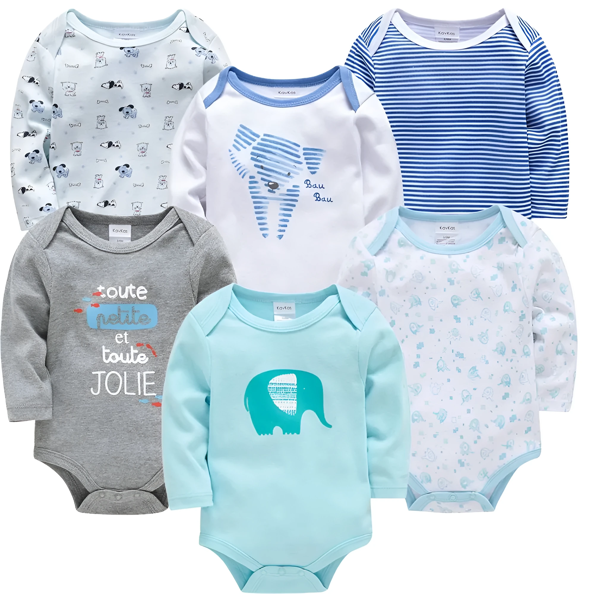Cotton long sleeve baby jumpsuit with blue elephant print, available in sizes 3M to 24M