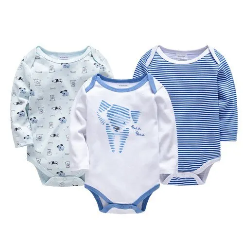 Cotton long sleeve baby jumpsuit with blue elephant print, available in sizes 3M to 24M