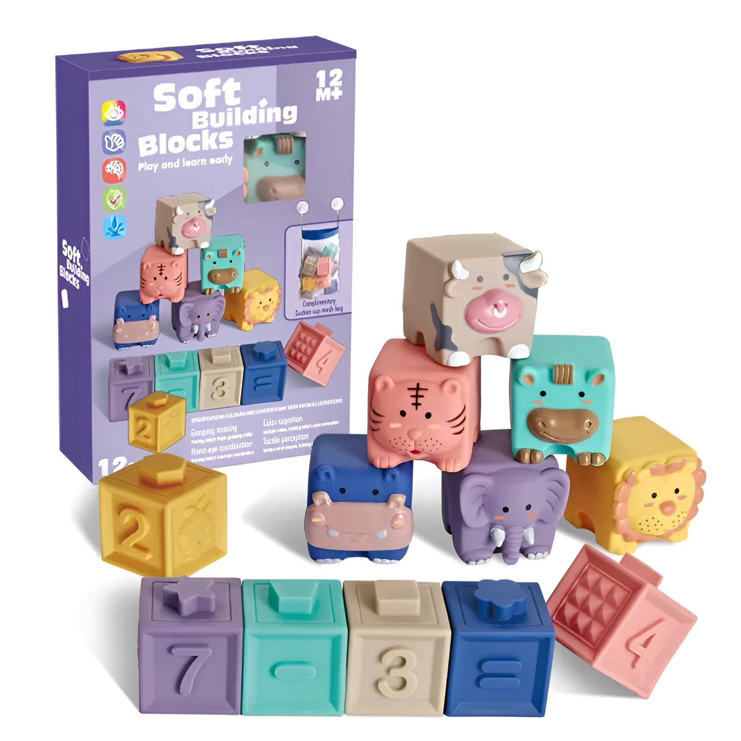 Animal relief soft building blocks 0-38 pieces enamel cognitive domino toy in colour box