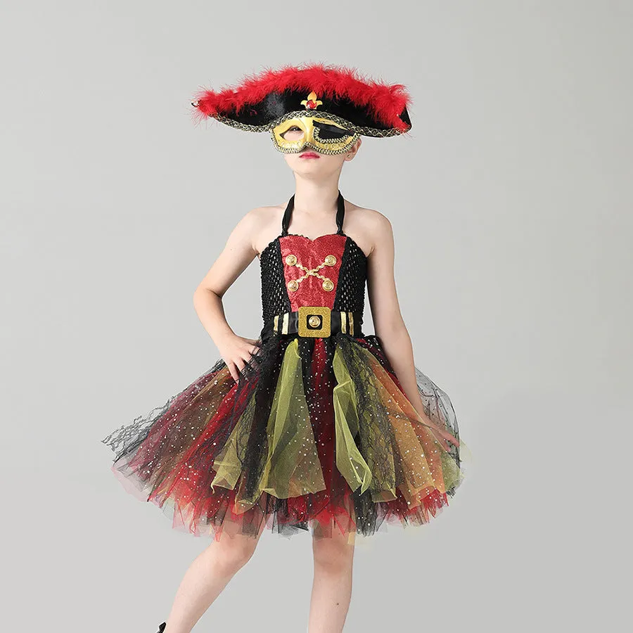 Girls sleeveless pirate dress costume with sequins and mesh for Halloween, shown in pirate skirt colour.