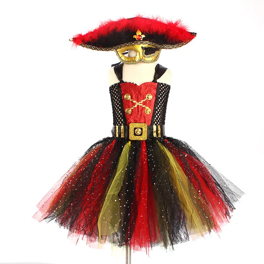 Girls sleeveless pirate dress costume with sequins and mesh for Halloween, shown in pirate skirt colour.