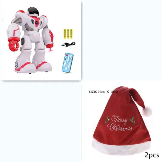 Blue remote control smart robot toy with gesture sensing and dance functions on a white background