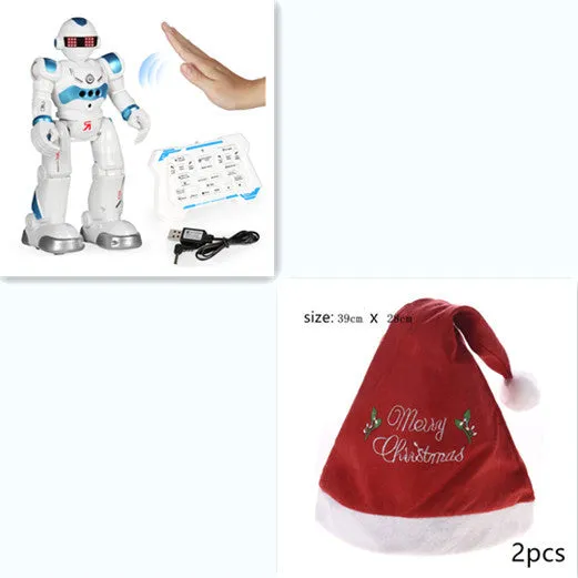 Blue remote control smart robot toy with gesture sensing and dance functions on a white background