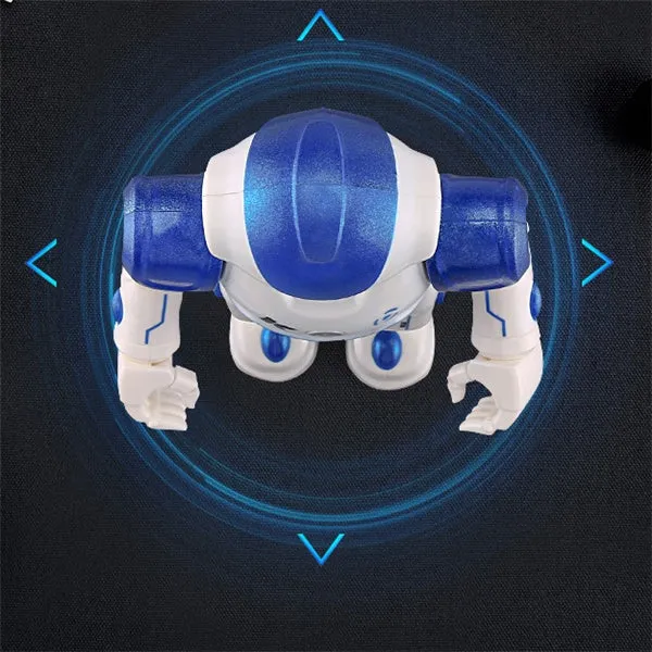 Blue remote control smart robot toy with gesture sensing and dance functions on a white background