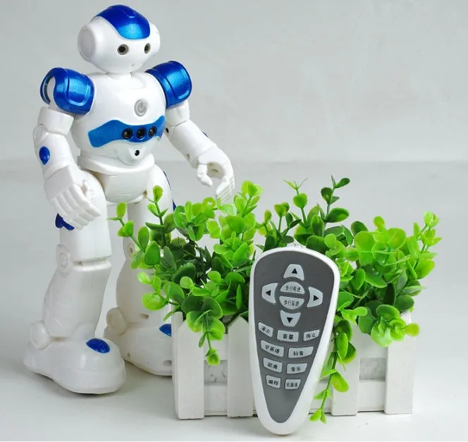 Blue remote control smart robot toy with gesture sensing and dance functions on a white background