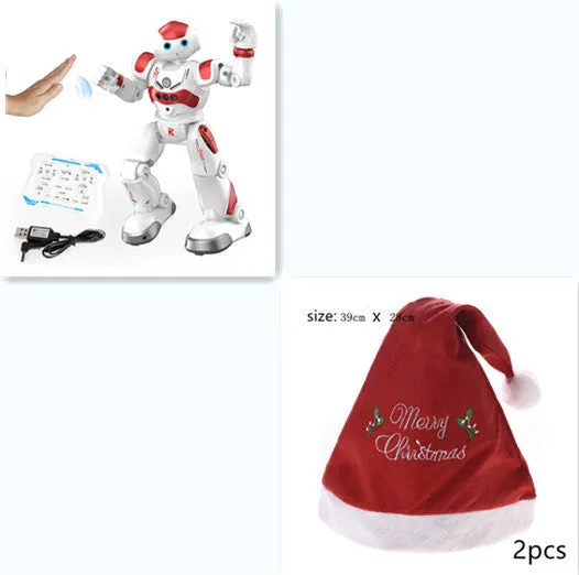 Blue remote control smart robot toy with gesture sensing and dance functions on a white background