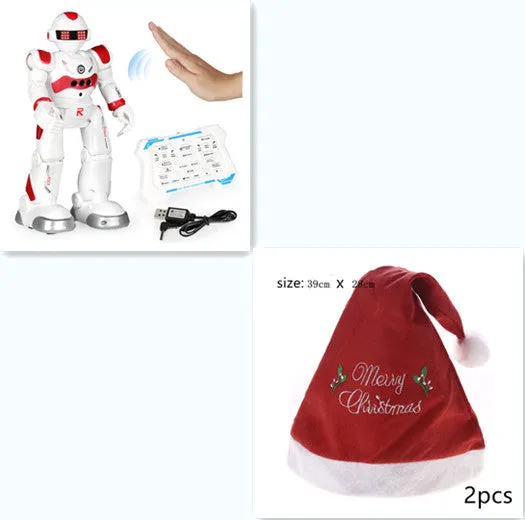 Blue remote control smart robot toy with gesture sensing and dance functions on a white background