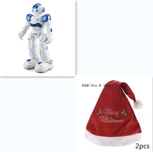 Blue remote control smart robot toy with gesture sensing and dance functions on a white background