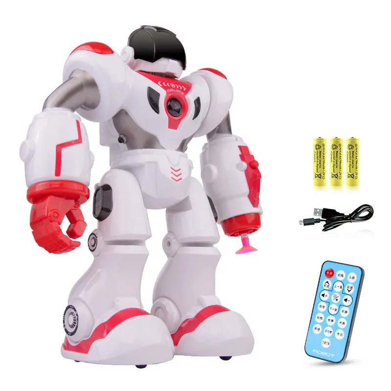 Blue remote control smart robot toy with gesture sensing and dance functions on a white background
