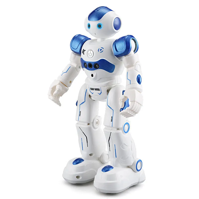 Blue remote control smart robot toy with gesture sensing and dance functions on a white background