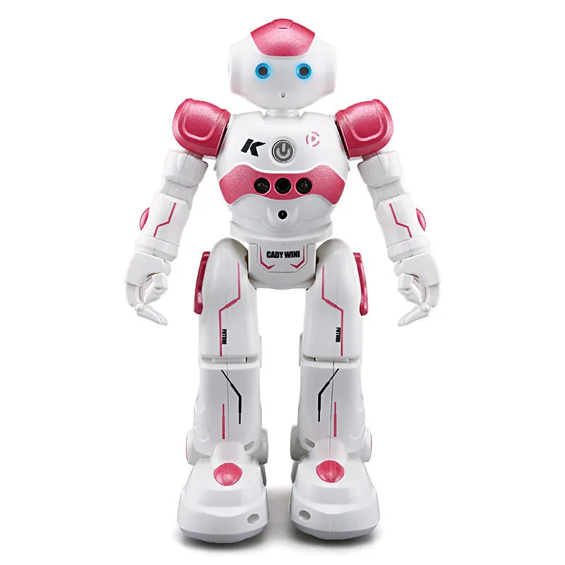 Blue remote control smart robot toy with gesture sensing and dance functions on a white background