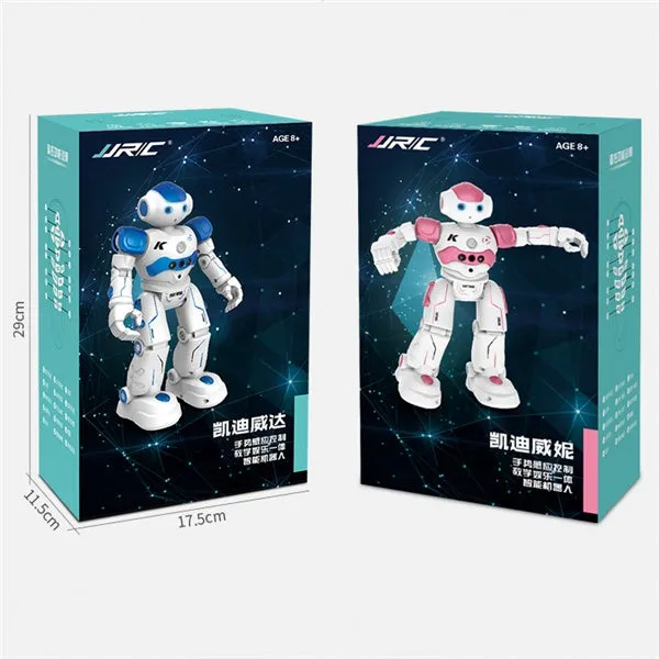 Blue remote control smart robot toy with gesture sensing and dance functions on a white background