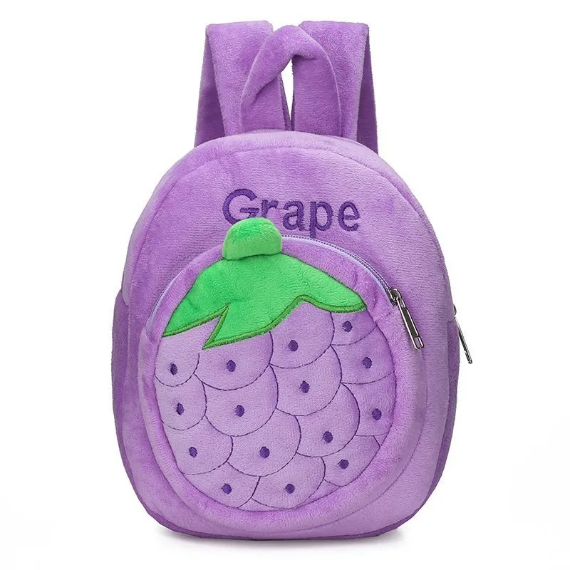 Soft plush children's backpack with double shoulder straps in fruit colours grape, orange, pineapple