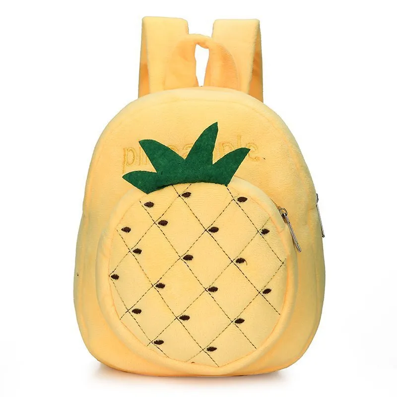 Soft plush children's backpack with double shoulder straps in fruit colours grape, orange, pineapple