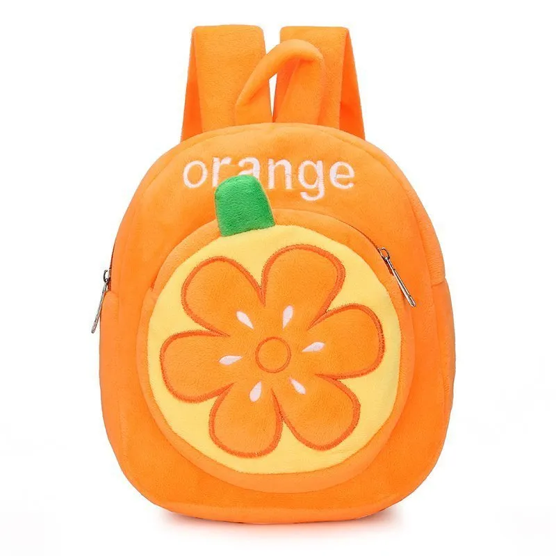 Soft plush children's backpack with double shoulder straps in fruit colours grape, orange, pineapple