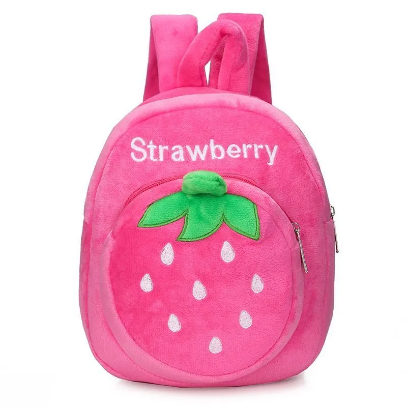 Soft plush children's backpack with double shoulder straps in fruit colours grape, orange, pineapple