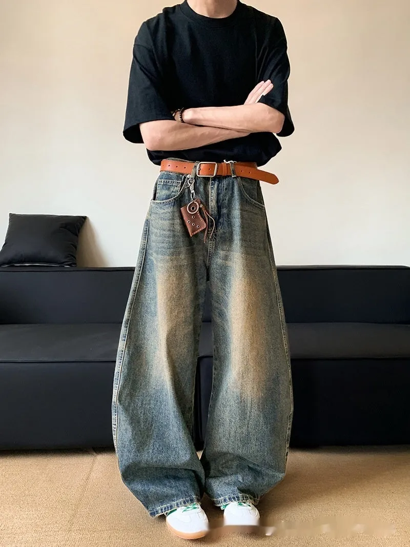 Men's retro blue distressed wide-leg jeans with slimming fit and zipper fly