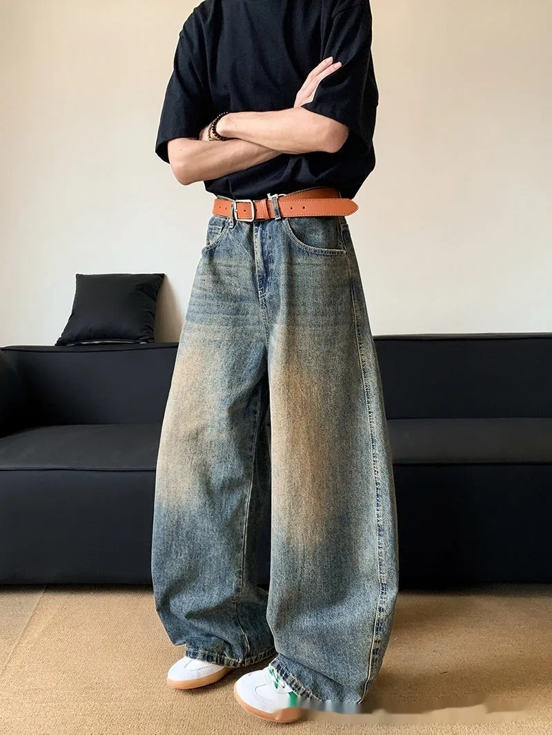 Men's retro blue distressed wide-leg jeans with slimming fit and zipper fly