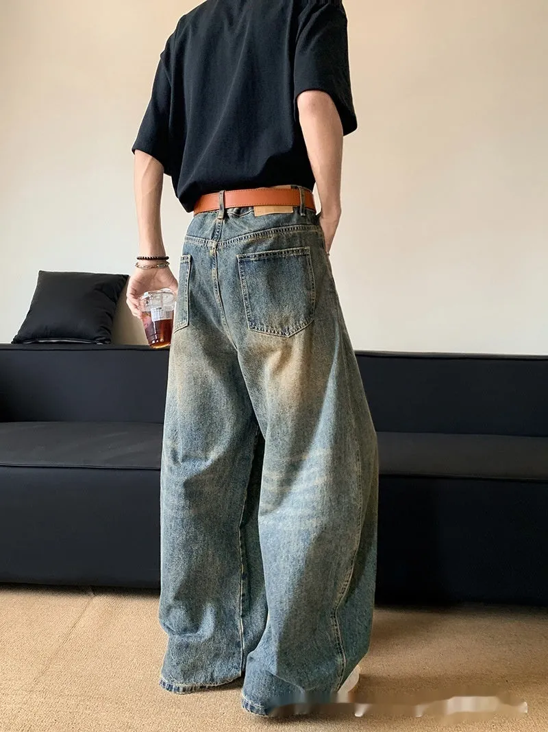 Men's retro blue distressed wide-leg jeans with slimming fit and zipper fly