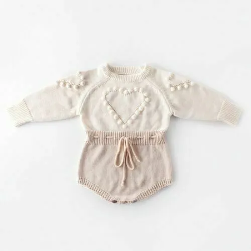 Baby girl knitted cotton long sleeve bodysuit in apricot, handmade love sweater style, size 73cm
