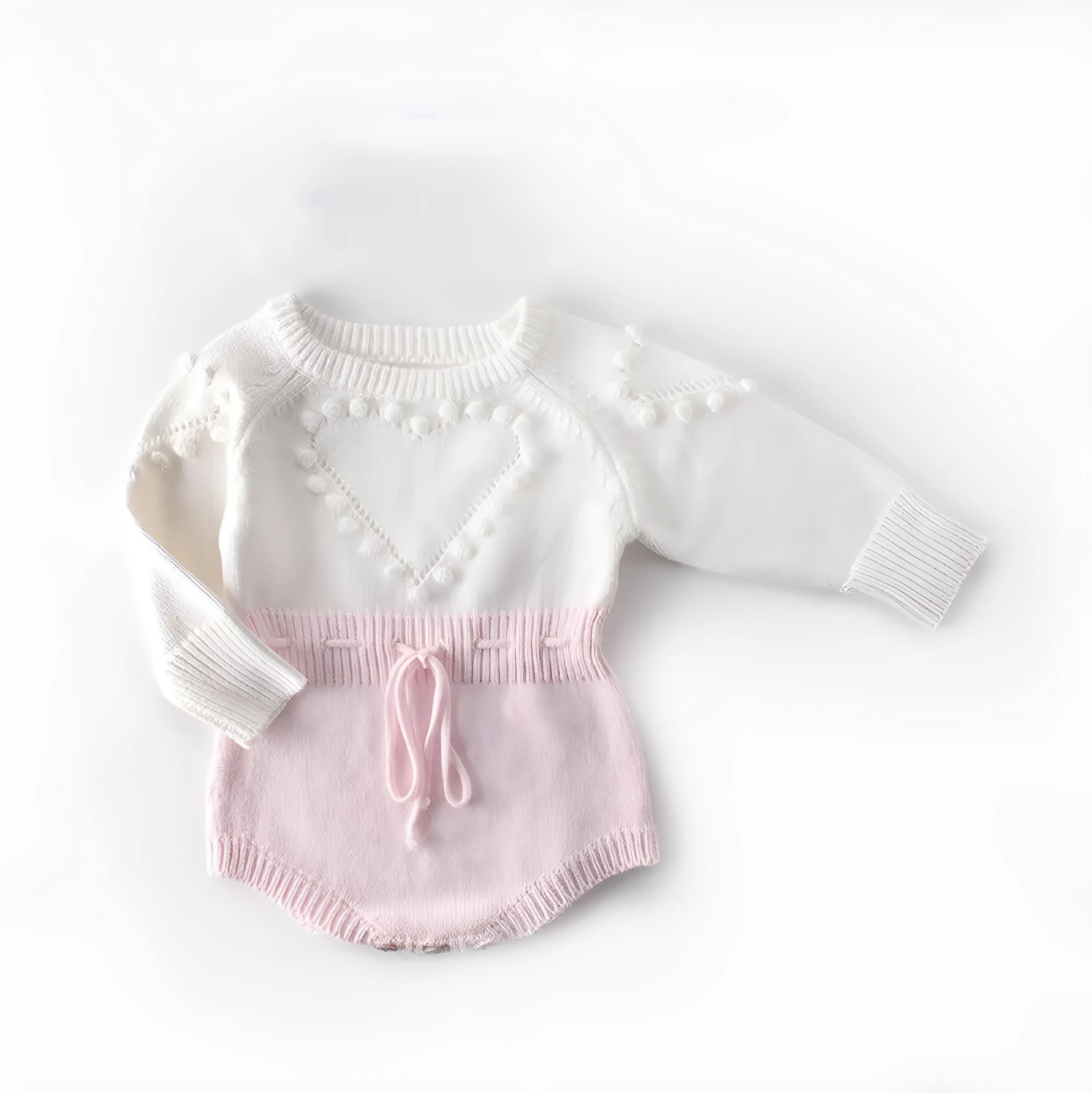 Baby girl knitted cotton long sleeve bodysuit in apricot, handmade love sweater style, size 73cm