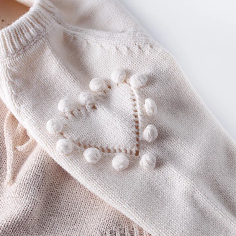 Baby girl knitted cotton long sleeve bodysuit in apricot, handmade love sweater style, size 73cm