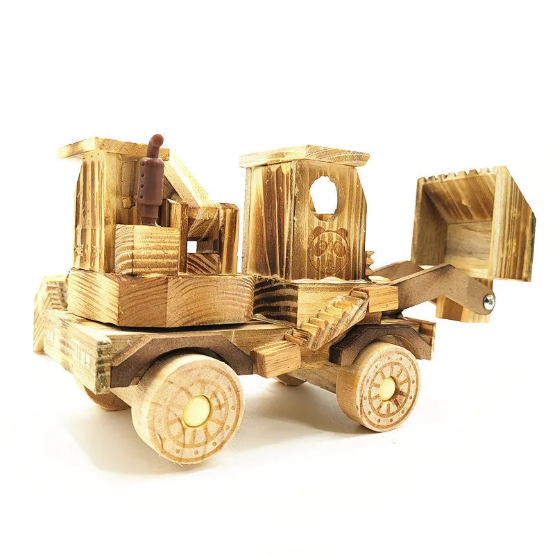 Wooden excavator model toy 30cm long brown rotating construction vehicle for children