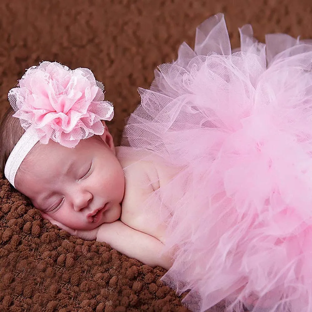 Baby pettiskirt two-piece set with lace, bow, and mesh in seven colours for 1-3 months photography