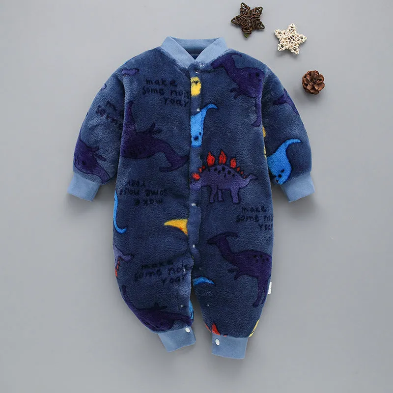 Autumn winter thickened flannel baby romper in Blue Dinosaur pattern on light background