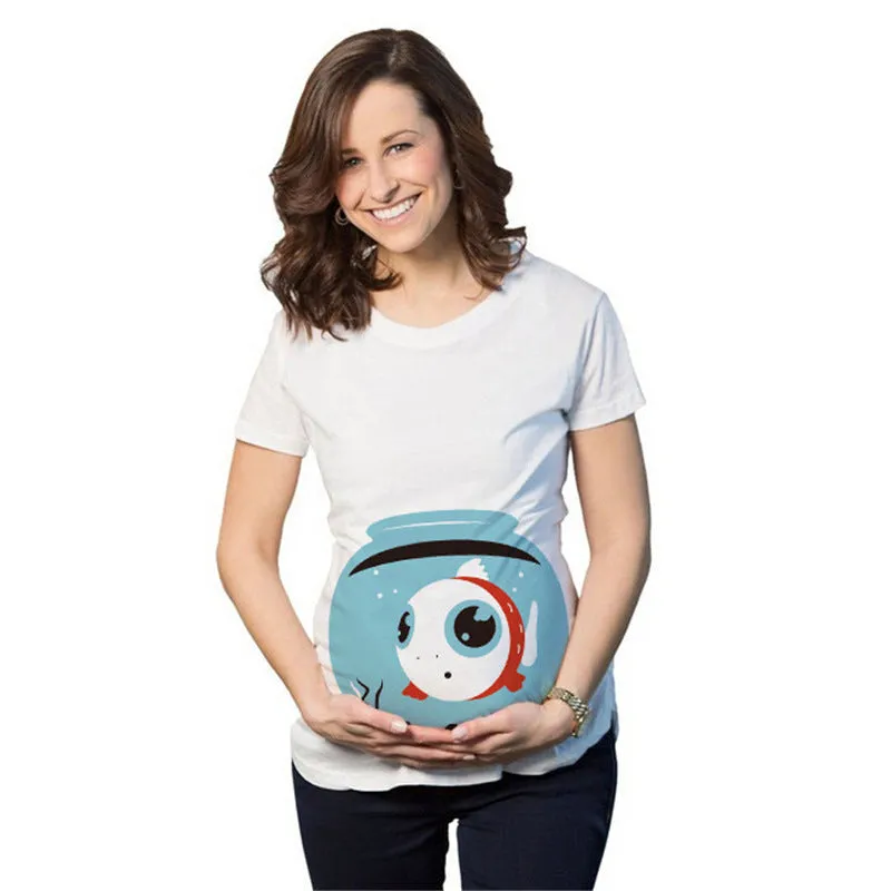 White cotton maternity t-shirt with hand print pattern, round collar, short sleeves on model