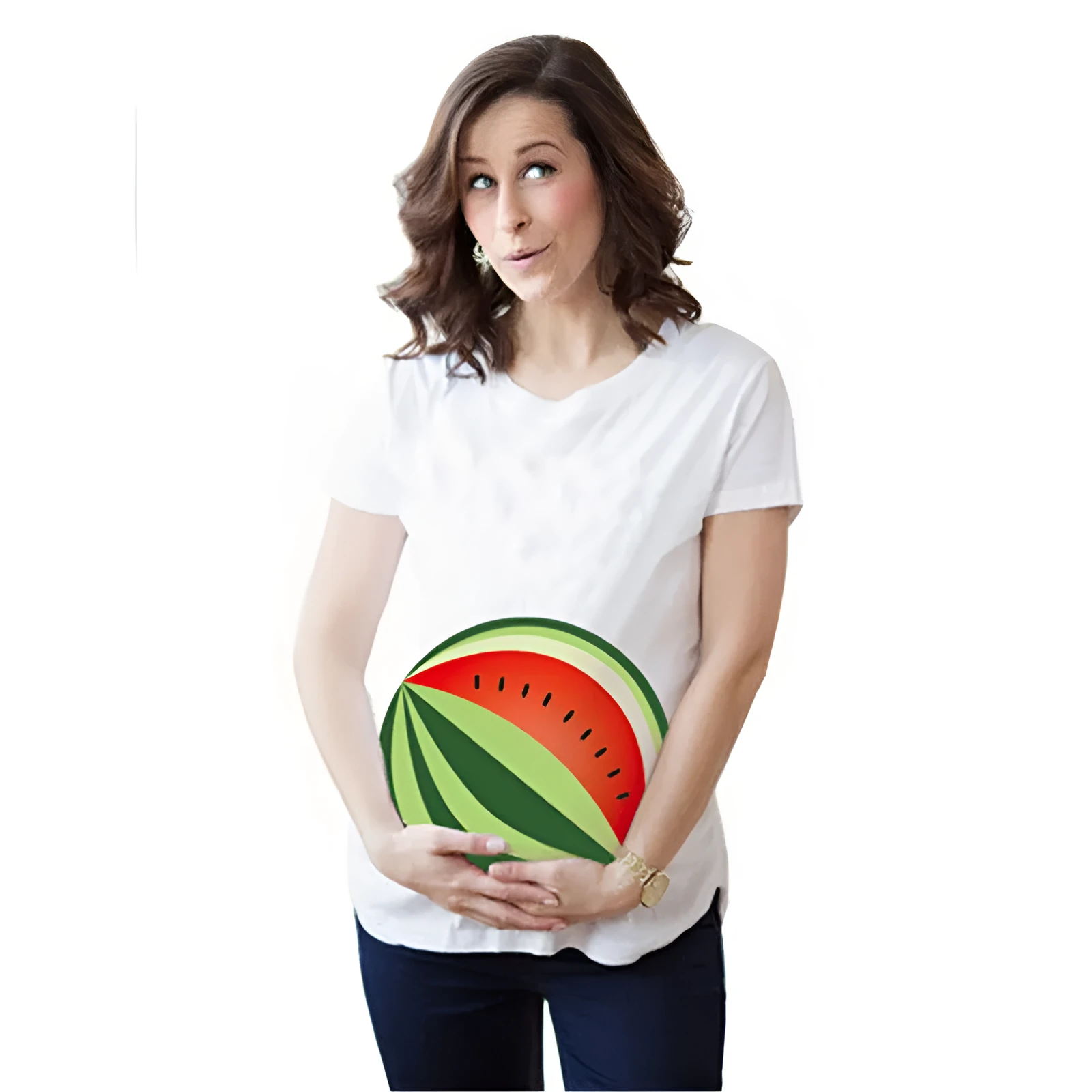 White cotton maternity t-shirt with hand print pattern, round collar, short sleeves on model