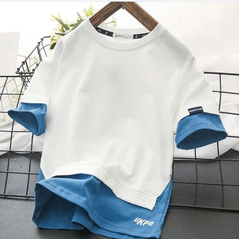 Boys cotton short sleeve T-shirt with removable hood, letter pattern, enzyme wash, in blue