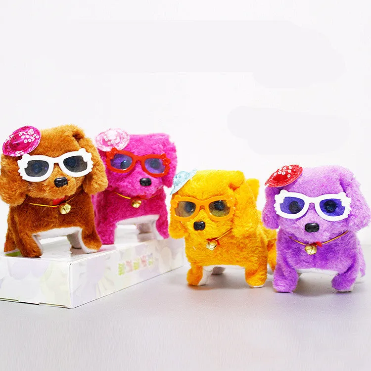 Electric musical plush dog in purple with walking rope and musical notes, 13x7x14cm