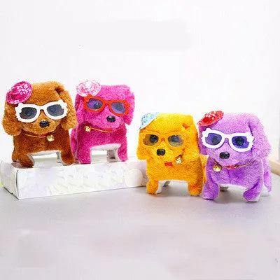 Electric musical plush dog in purple with walking rope and musical notes, 13x7x14cm