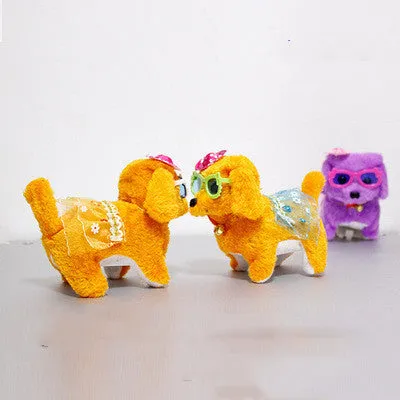 Electric musical plush dog in purple with walking rope and musical notes, 13x7x14cm
