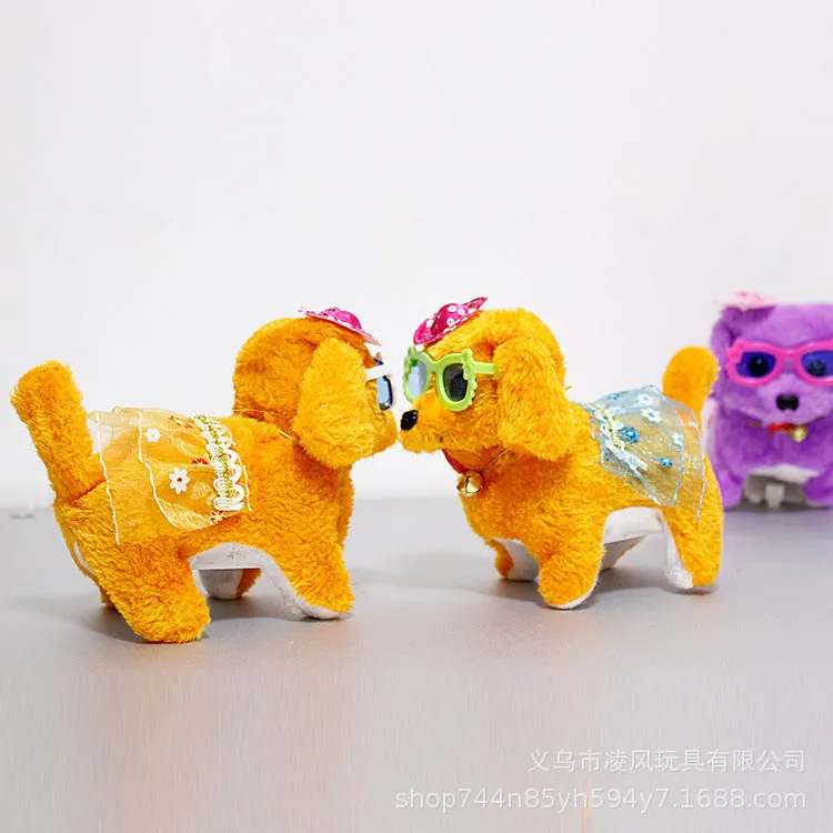 Electric musical plush dog in purple with walking rope and musical notes, 13x7x14cm