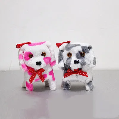 Electric musical plush dog in purple with walking rope and musical notes, 13x7x14cm