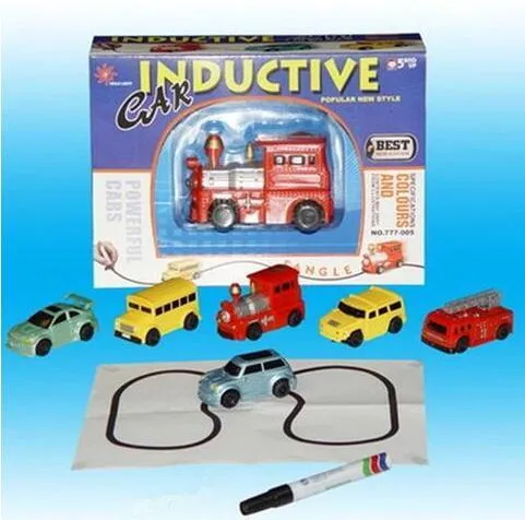Mini plastic inductive toy truck with optical sensor following a black line on white paper, batteries and marker pen included