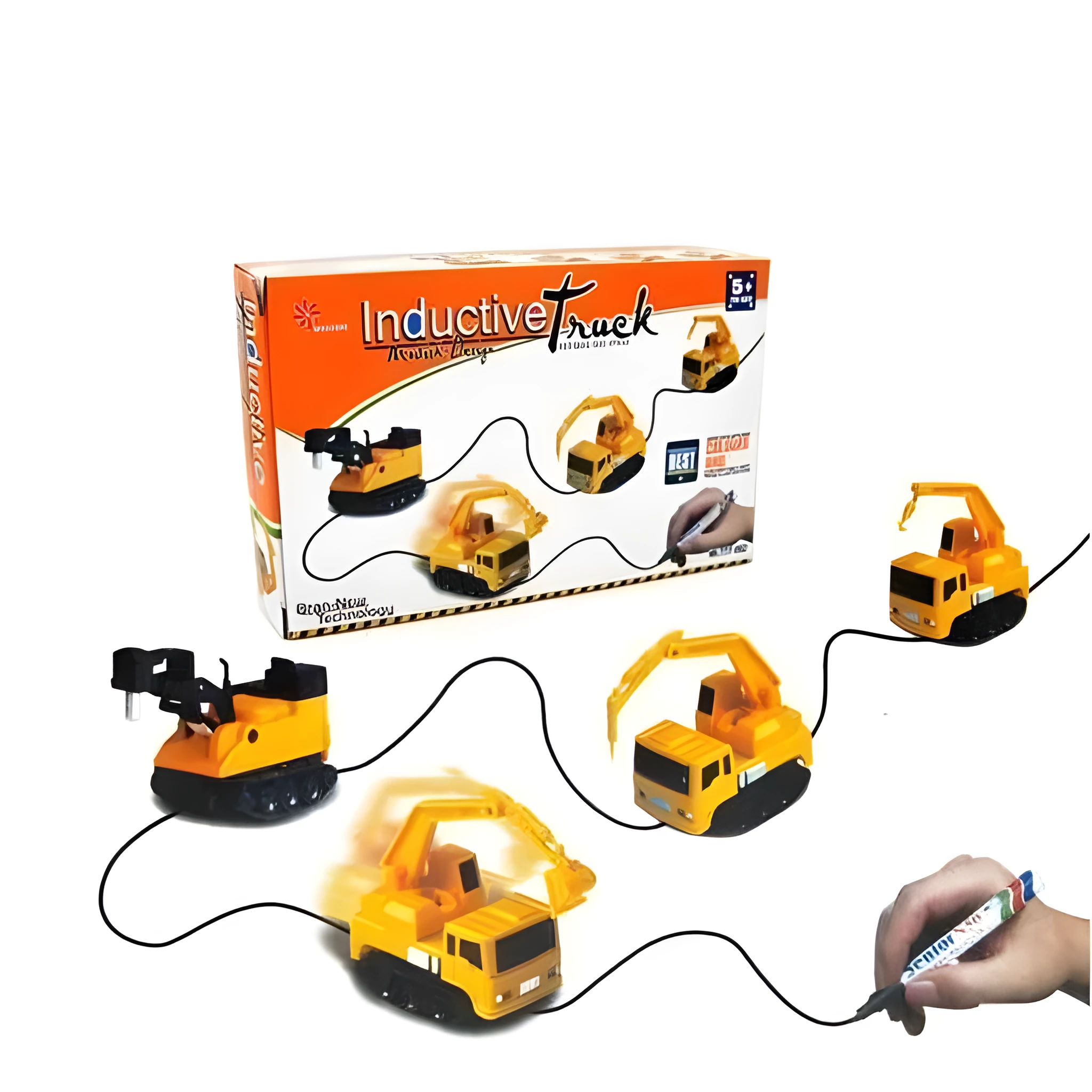 Mini plastic inductive toy truck with optical sensor following a black line on white paper, batteries and marker pen included