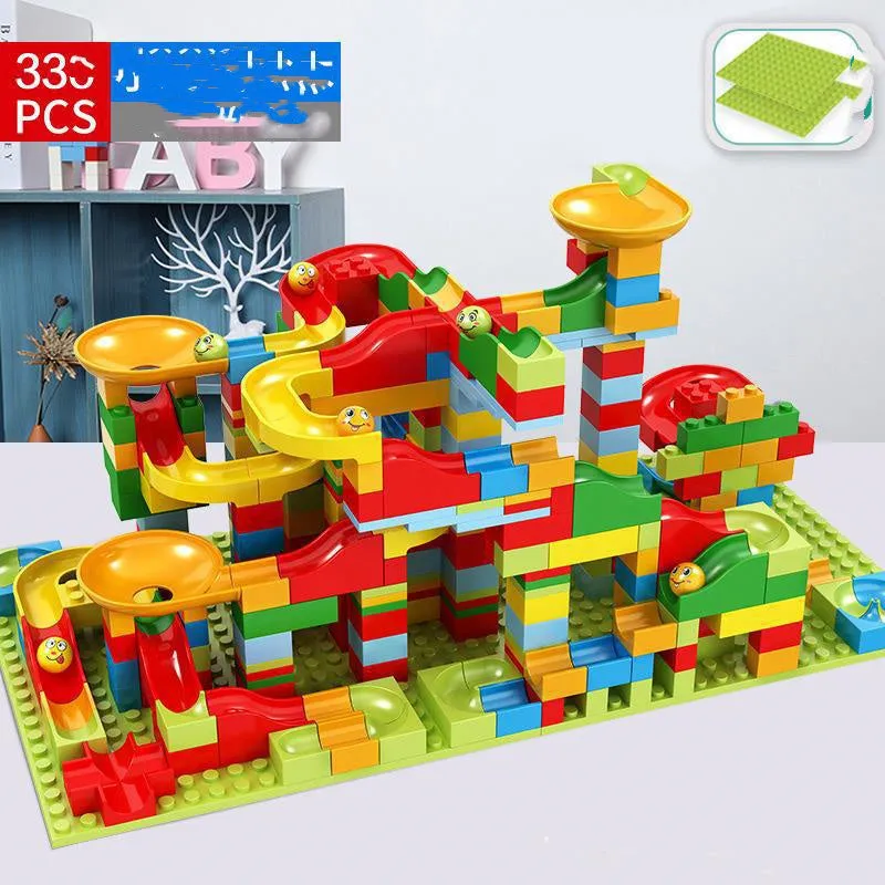 168-336 piece plastic building block set with race run track and funnel slide in colour box packaging