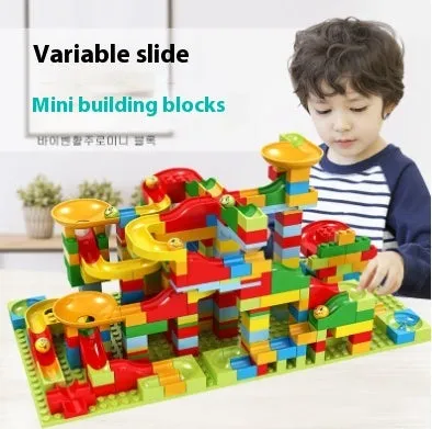 168-336 piece plastic building block set with race run track and funnel slide in colour box packaging
