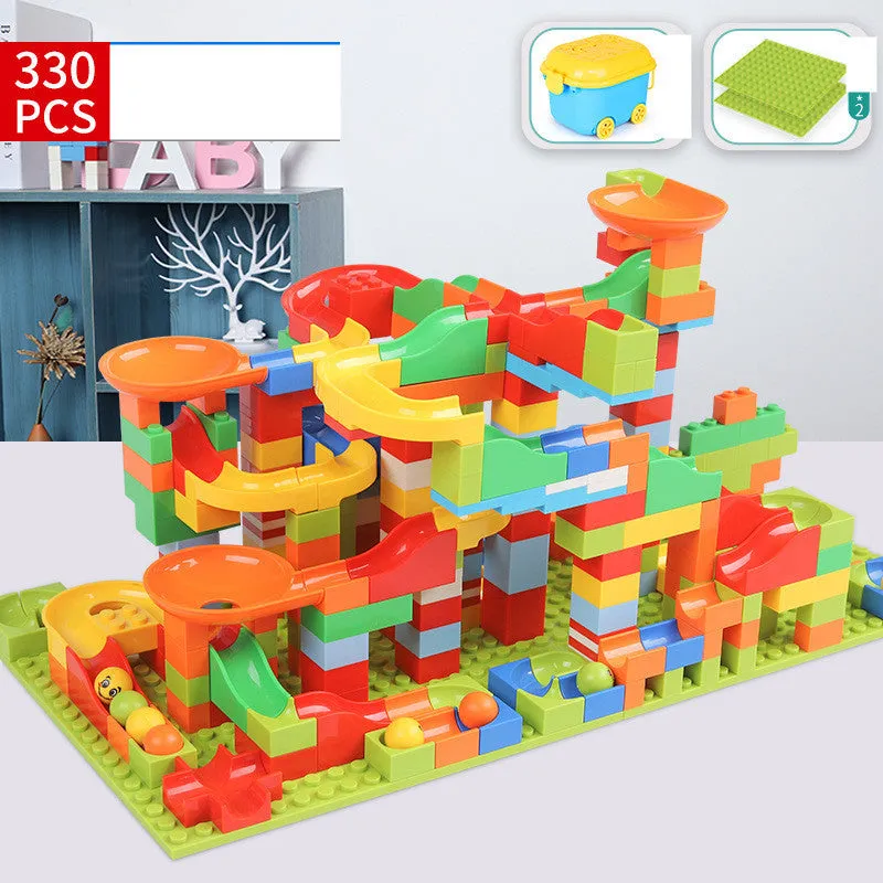 168-336 piece plastic building block set with race run track and funnel slide in colour box packaging
