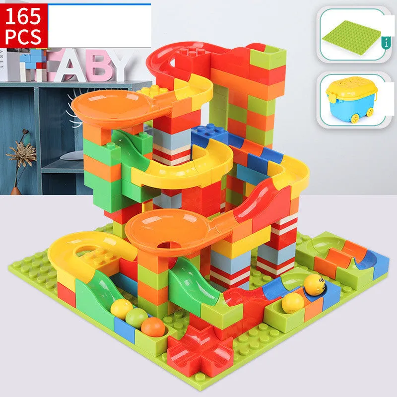 168-336 piece plastic building block set with race run track and funnel slide in colour box packaging