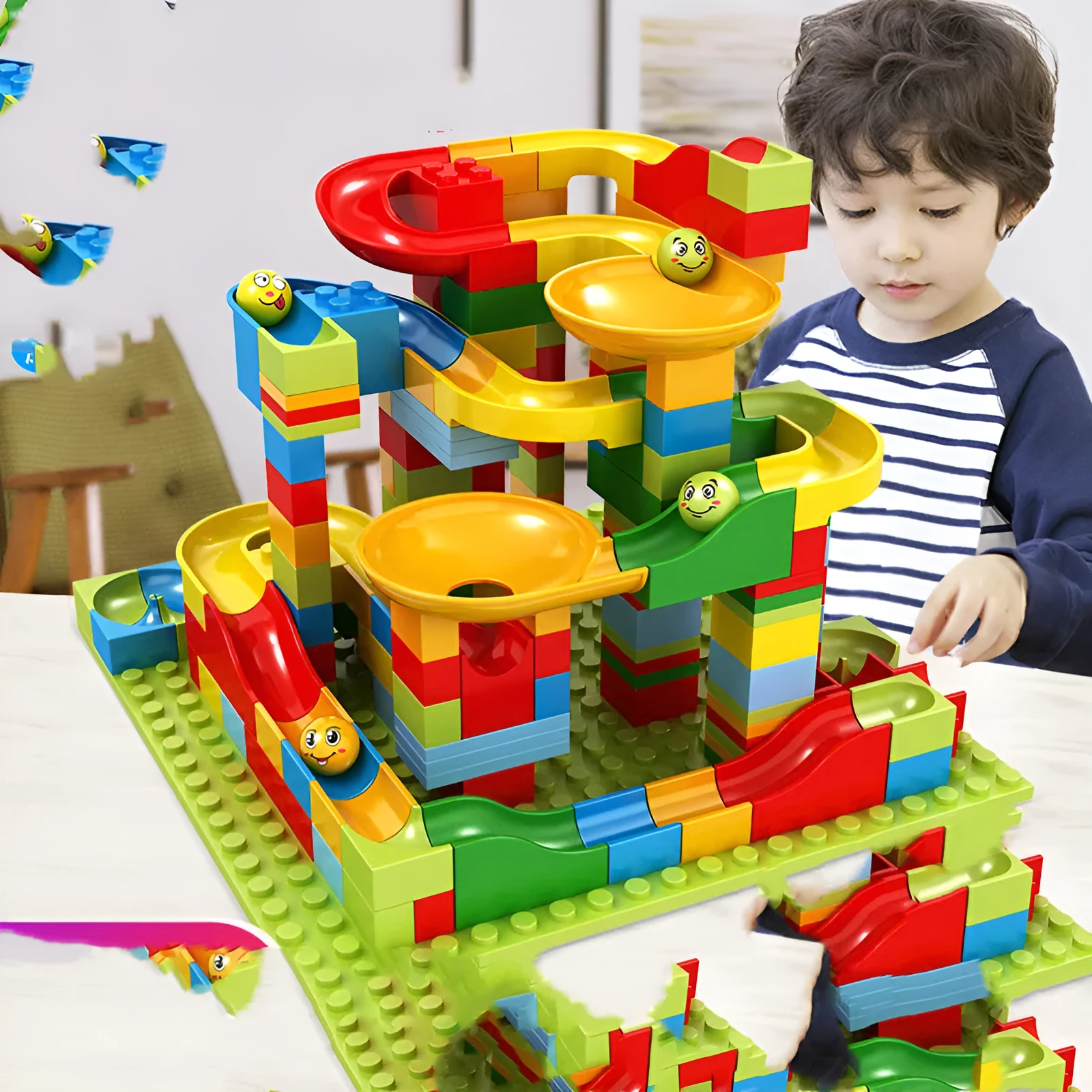 168-336 piece plastic building block set with race run track and funnel slide in colour box packaging